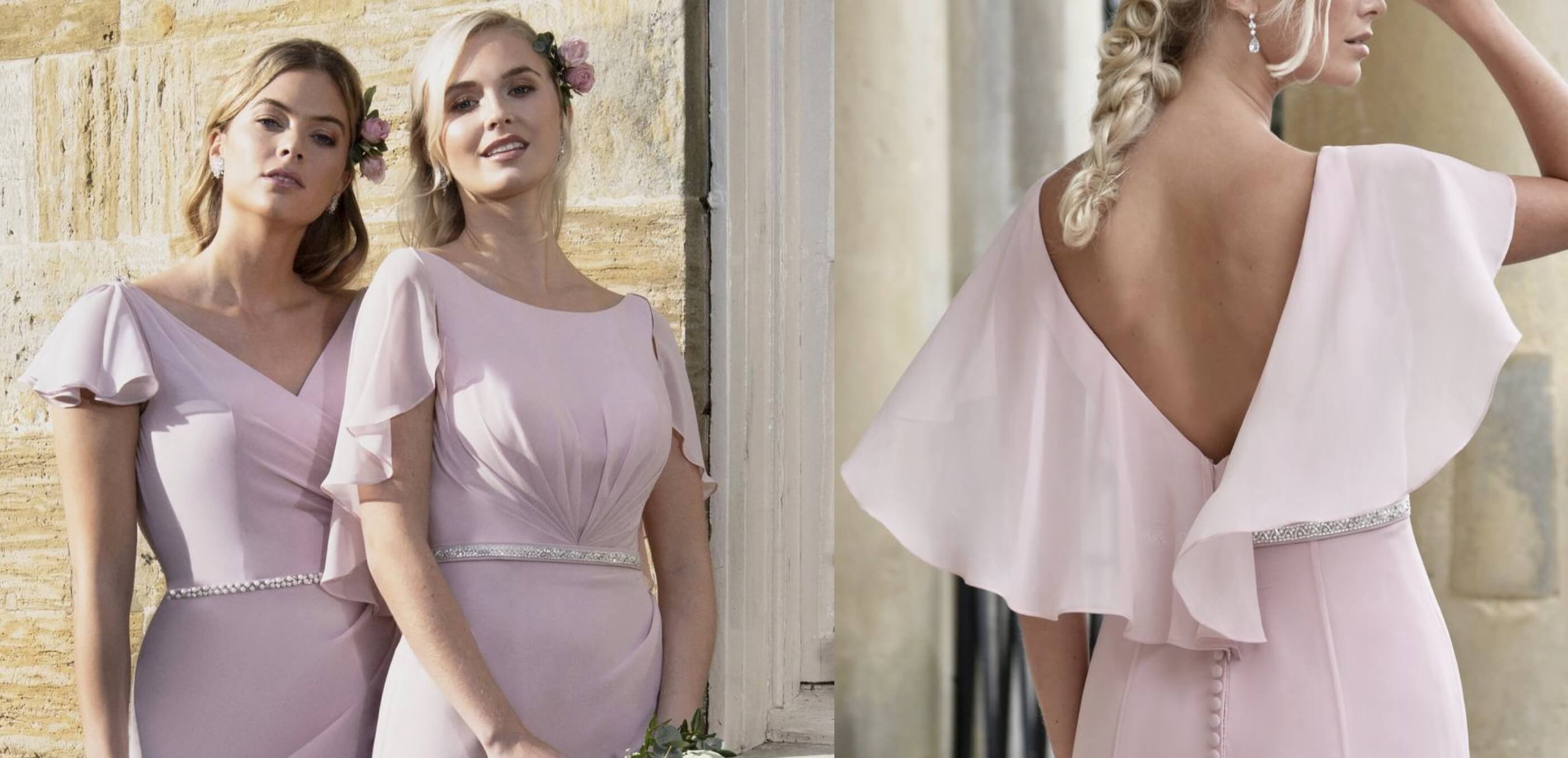 Bridesmaids wearing pale pink dresses